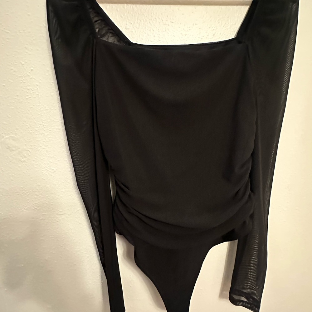 Chic Black Long Sleeve Bodysuit whimsigoth sheer‎ sleeves rouched sides size M